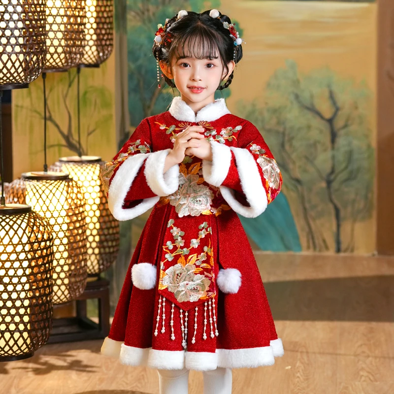 幼儿园高档汉服女童中国风上衣冬儿童古装过年服新中式服装拜年服