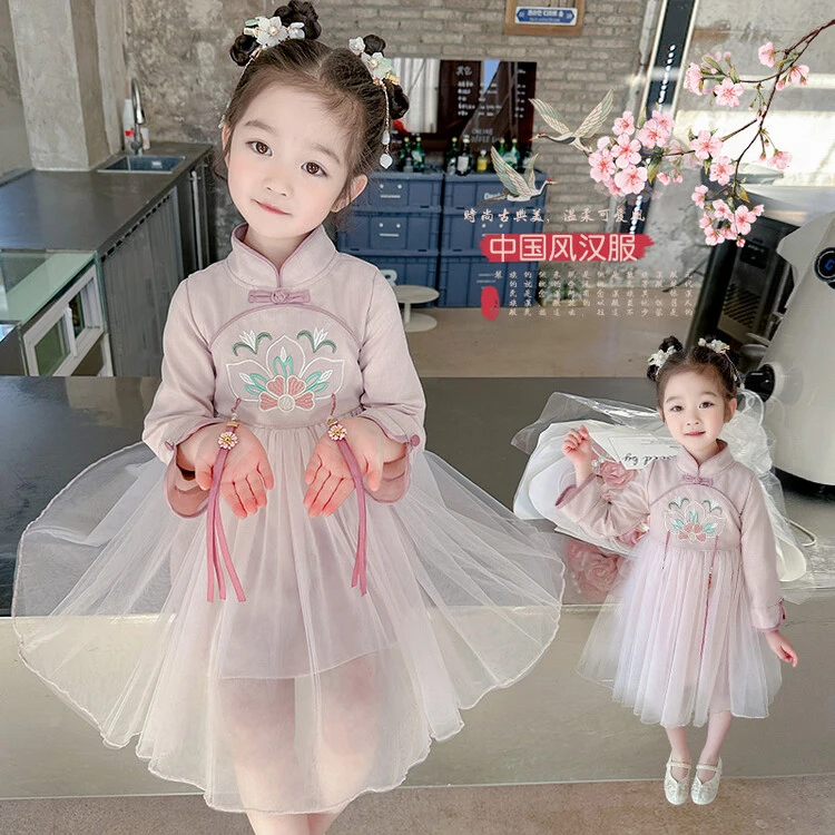 女童中国风长袖连衣裙中小童春季古风棉布裙子儿童复古汉服公主裙