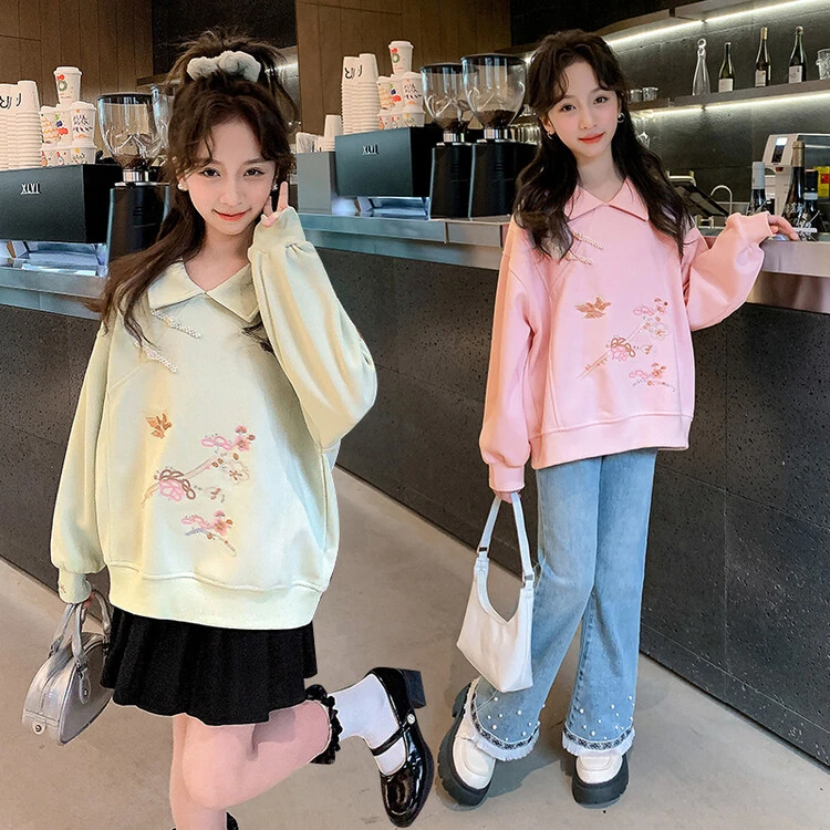 女童POLO衫卫衣春秋款儿童新中式唐装上衣女大童国风打底衫T恤潮