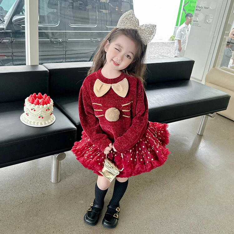 女童毛衣针织上衣2025春秋款女宝立体猫咪儿童红色套头毛衣
