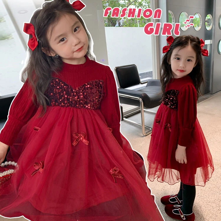 女童连衣裙秋冬季洋气宝宝加绒毛衣裙子时髦红色拜年服儿童公主裙