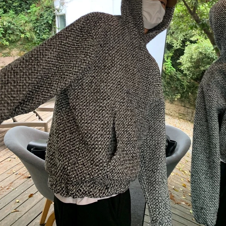 美式复古百搭连帽卫衣男秋冬潮流粗花呢宽松套头长袖上衣