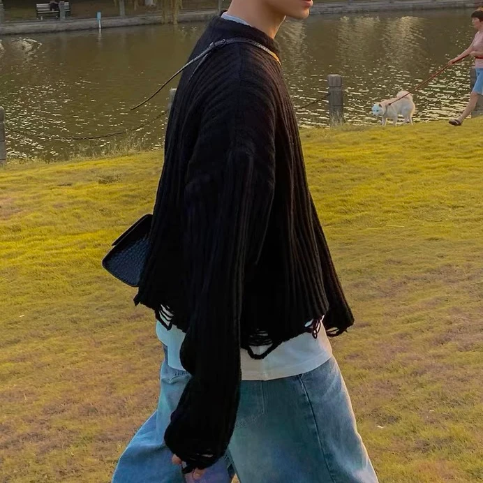 美式秋冬粗针织破会流苏宽松韩系百搭上衣男慵懒针织衫毛衣