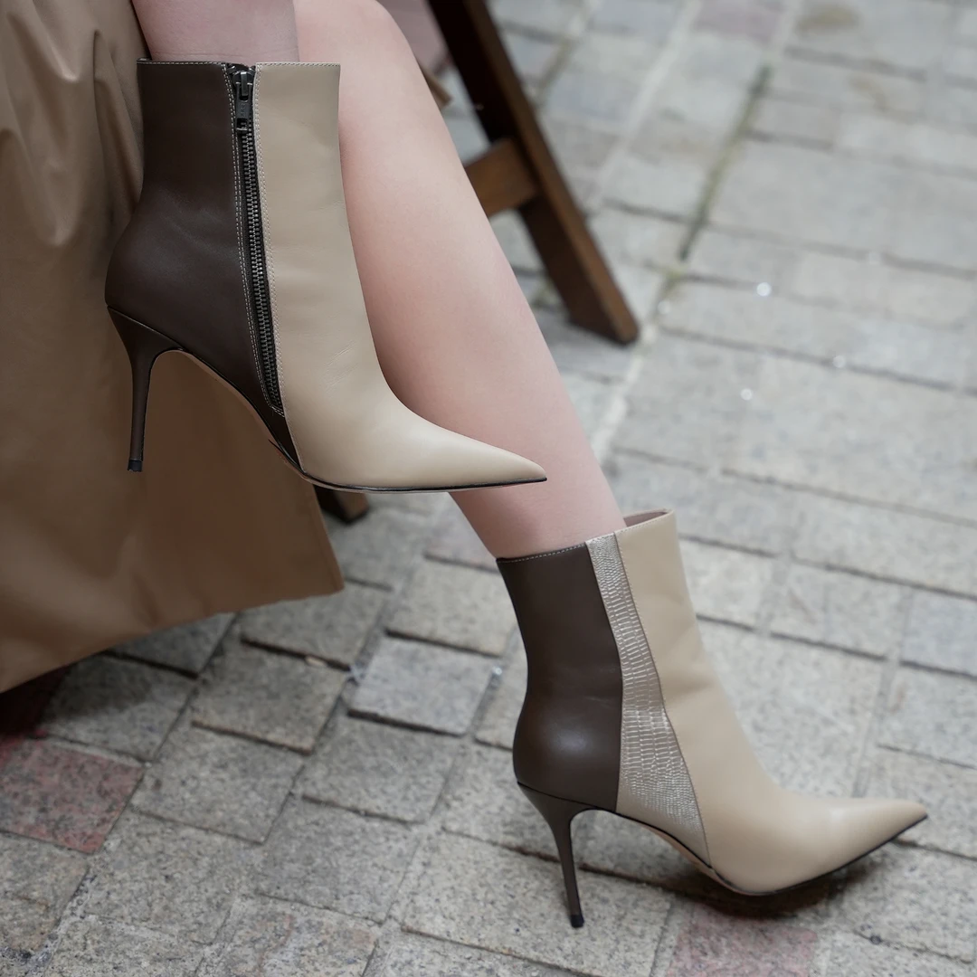 YSU【余书】时尚蜥蜴纹压纹拼色百搭短靴高跟鞋2888X