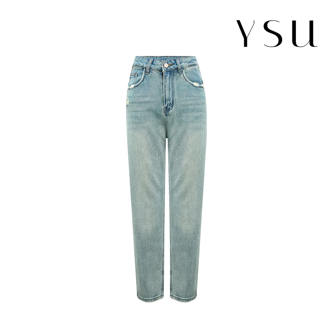 YSU【余书】2024新春夏款蓝色时尚磨破休闲九分老爹牛仔裤女Y320111