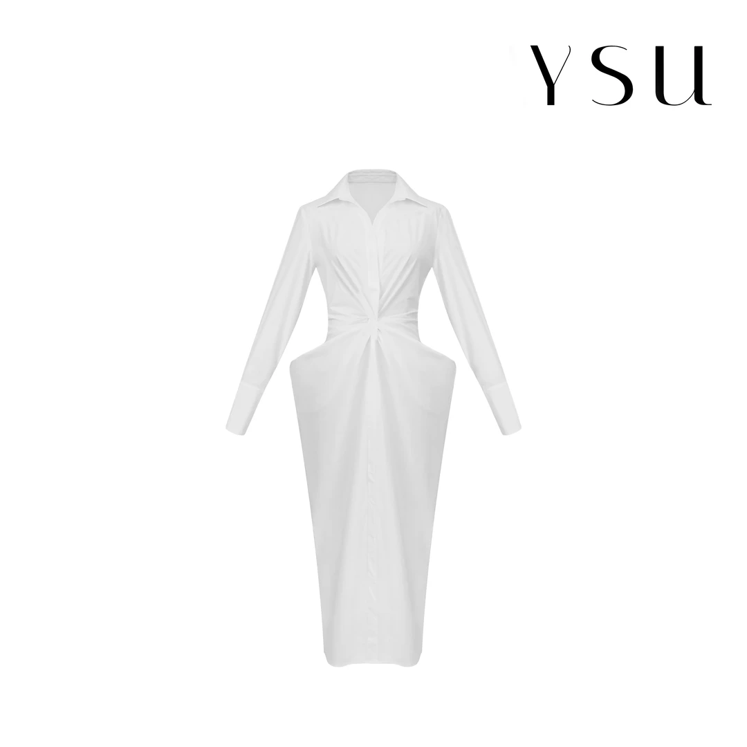 YSU【余书】气质法式高级时尚收腰褶皱设计V领显瘦长款衬衫裙Y32353
