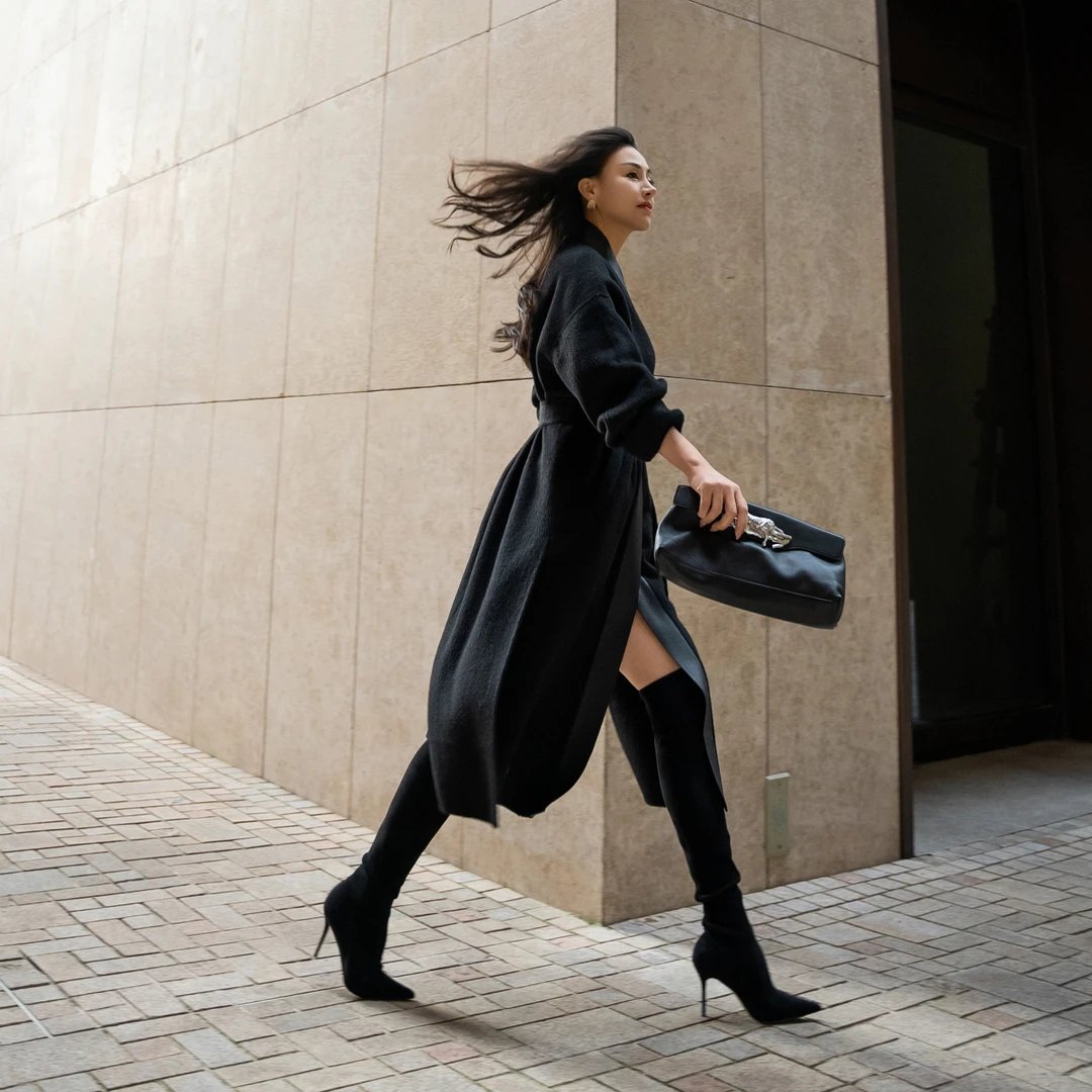 YSU【余书】静奢风时尚拼皮侧开叉轻奢中长款毛呢外套大衣Y303859