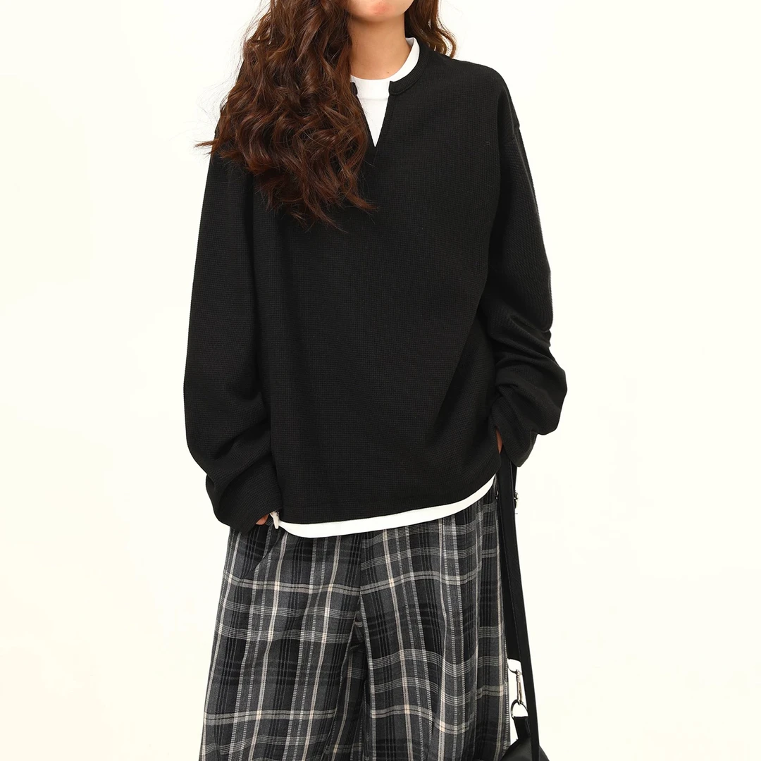 春秋美式复古情侣假两件设计T恤男慵懒风高级感百搭长袖潮流上衣