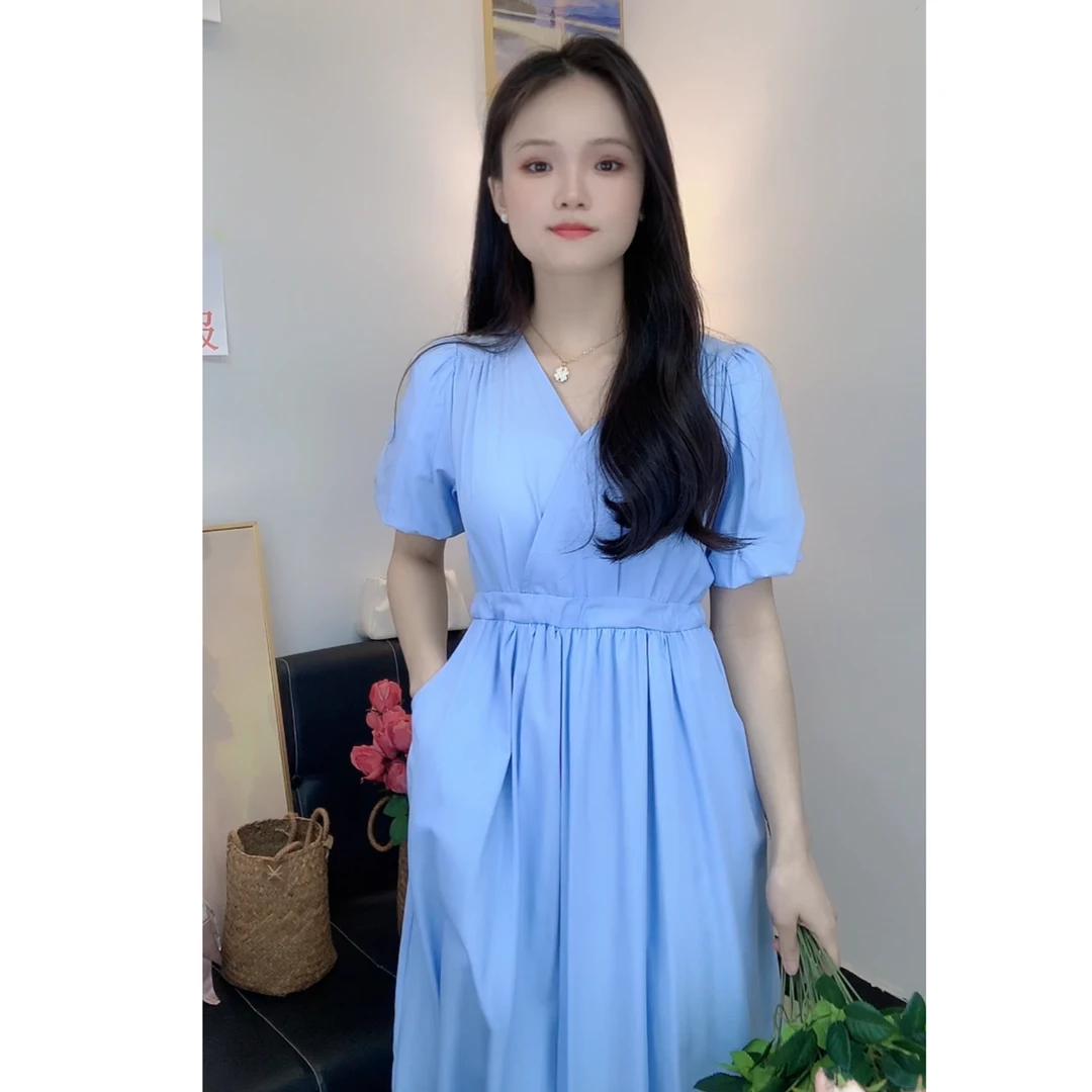 2024气质高级感V领系带收腰显瘦长款连衣裙女072