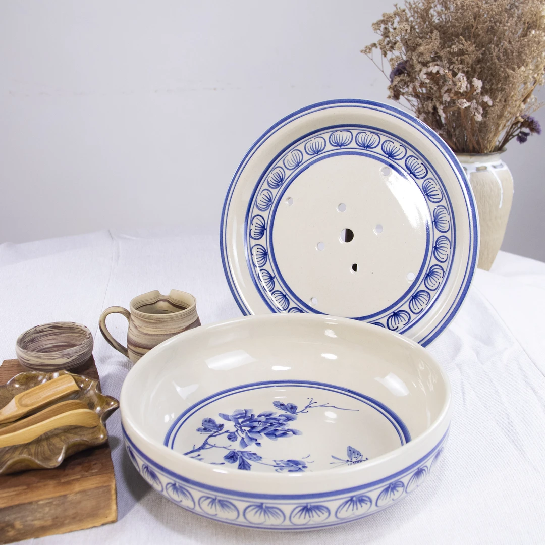 盛凌青花手工手绘釉下彩复古中式家用茶具圆形干泡台茶台