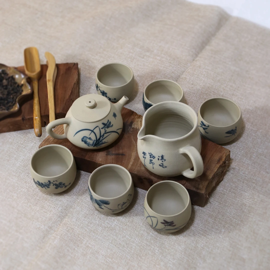 盛凌青花素烧石瓢壶深口罗汉杯功夫茶具套装手工复古家用创意简约