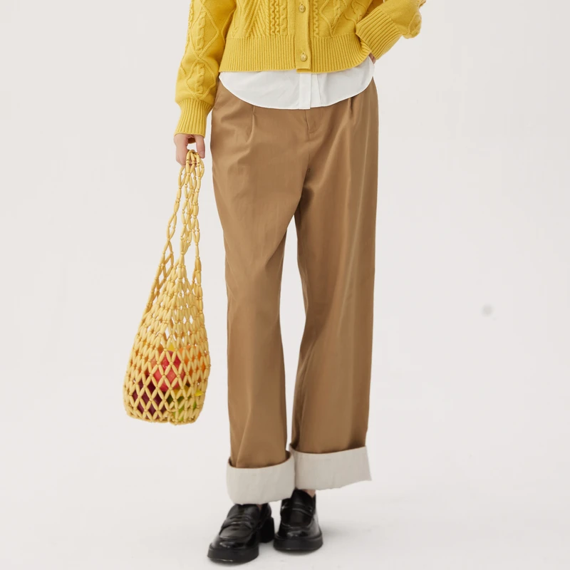 谜底直筒裤女秋季新品通勤风宽松裤脚外翻休闲长裤243MK1136