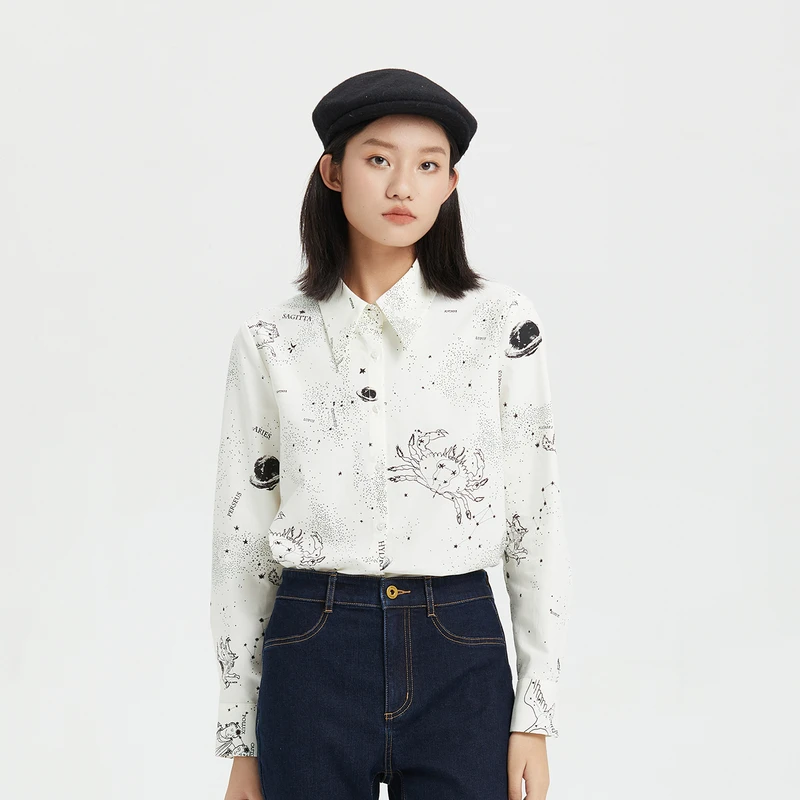 谜底花色衬衫长袖女2023秋新款复古手绘感百搭纯棉衬衣239MC7115