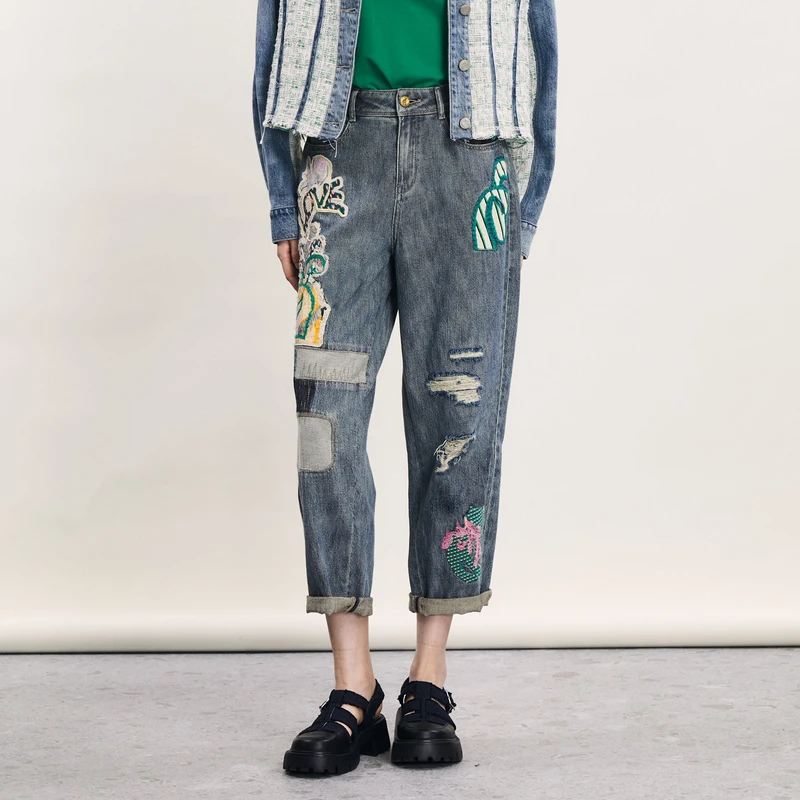 谜底绣花萝卜裤女2024春季新款复古重工刺绣宽松牛仔裤241MK0033