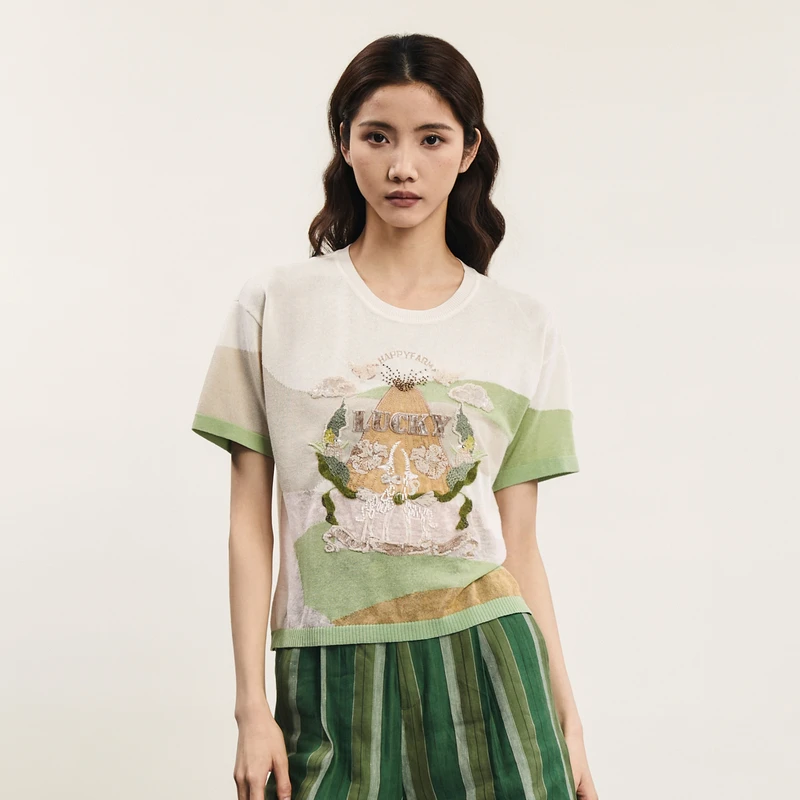 谜底套头针织衫短袖女2024夏季新品复古学院风绣花上衣242MZ0869