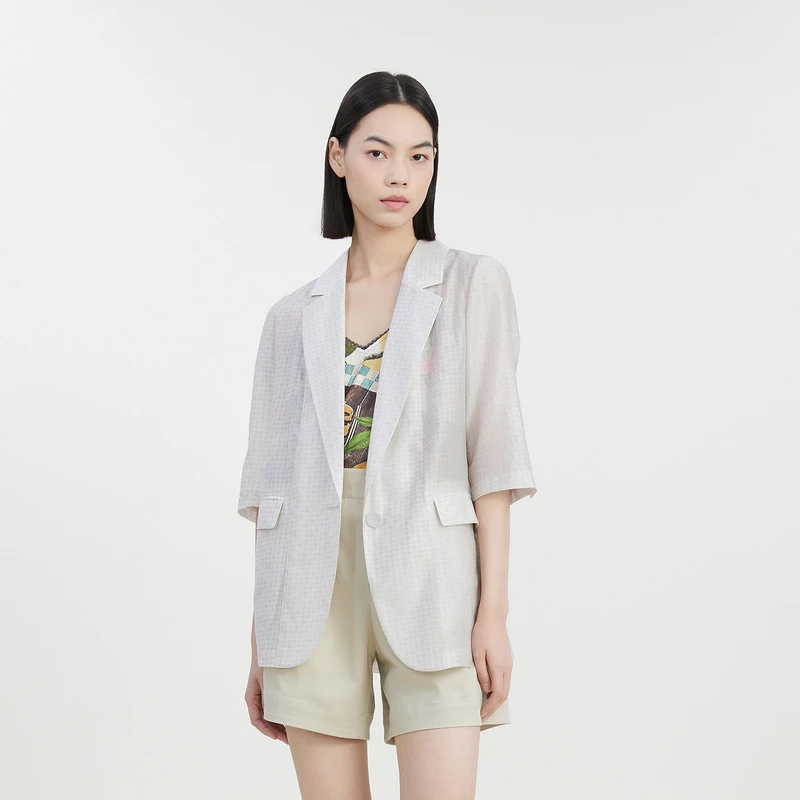 谜底西装外套女2023夏新款通勤风暗纹提花宽松短袖西服232MW0533