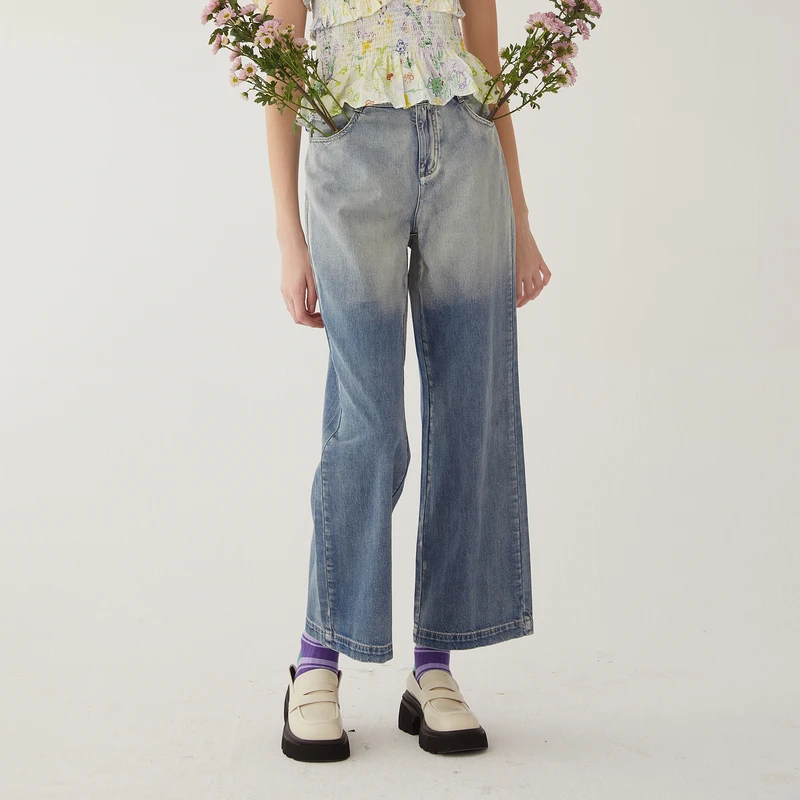 谜底复古宽松阔腿裤长裤女夏新款时尚渐变色牛仔裤246MK7021