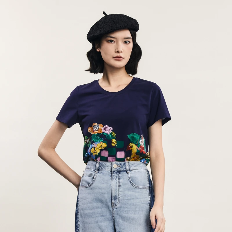 谜底主题印花T恤短袖女夏季新品复古风圆领百搭上衣242MT0622
