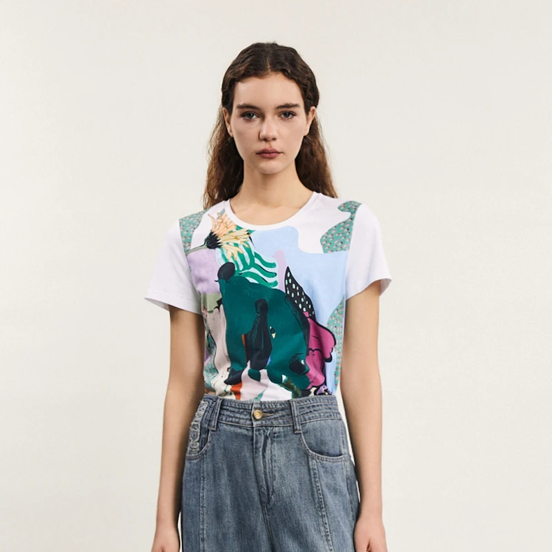 谜底印花T恤短袖女春季新款复古学院风圆领修身上衣241MT0128