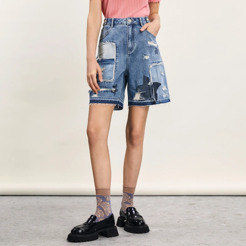 谜底牛仔短裤女2024年夏新品复古时尚贴布绣破洞直筒裤242MK0543