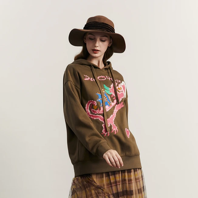 谜底连帽加绒卫衣女冬新款学院风特色绣花宽松上衣234MV1508