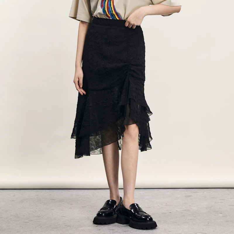 谜底不规则半身裙夏款优雅浪漫双层荷叶边中长裙242MB0542