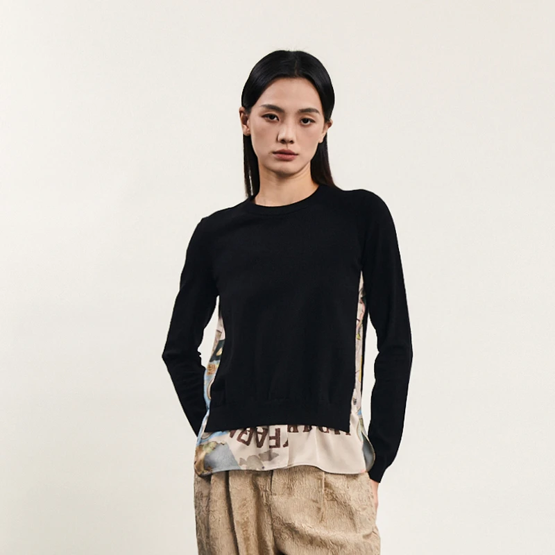 谜底套头针织衫女春新款复古时尚圆领修身下摆拼接241MZ0341