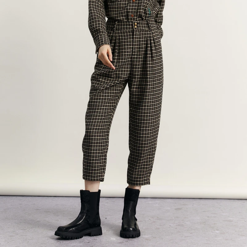 谜底格子萝卜裤女冬新款复古千鸟格毛呢休闲九分裤234MK1504