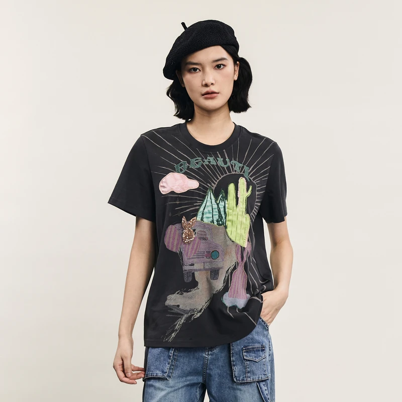 谜底T恤短袖女夏季新品复古文艺印花圆领宽松上衣242MT0619