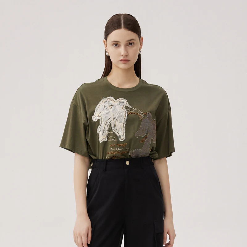 谜底绣花中长款T恤短袖女士秋新品复古百搭宽松上衣243MT0962