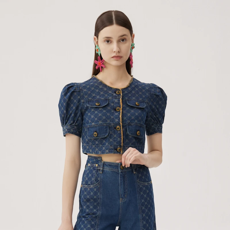谜底短款上衣短袖女24夏款时尚复古牛仔提花外套泡泡袖247MW5019