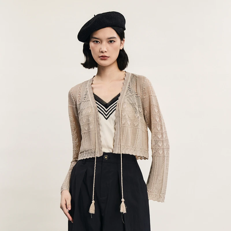 谜底针织开衫长袖夏新品文艺风肌理感提花薄外套242MZ0866