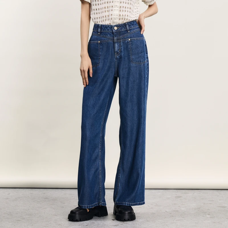 谜底莱赛尔牛仔直筒裤女夏季新品复古高腰亲肤长裤242MK0602