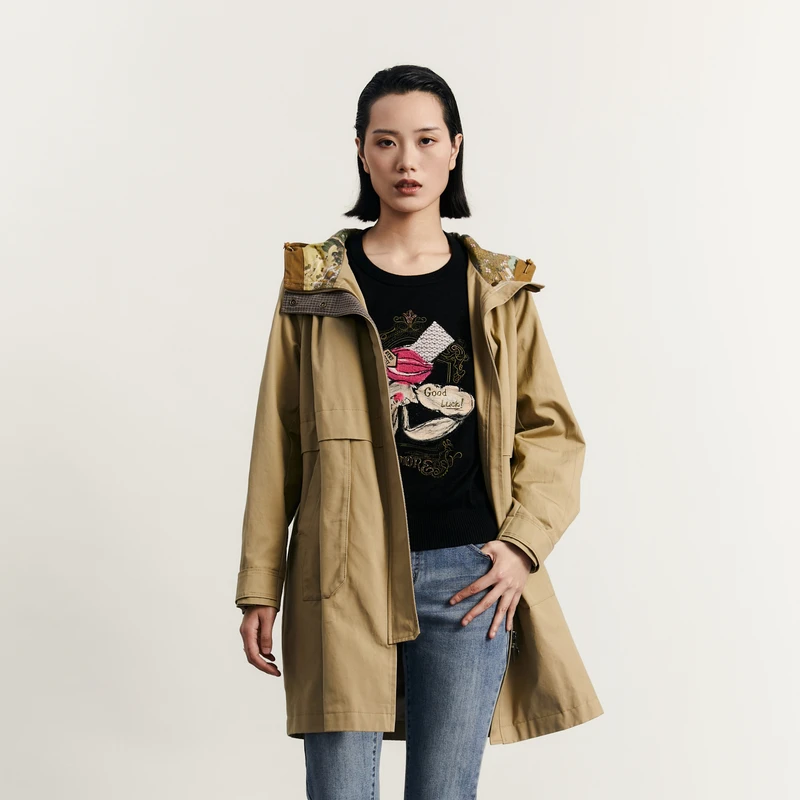 谜底中长款风衣女秋新款气质撞色连帽宽松外套长袖233ME0972