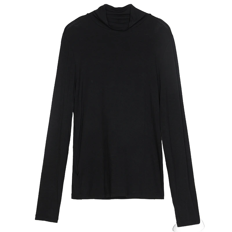 谜底纯色修身T恤长袖女春季新款简约半高领叠穿上衣241MT0042