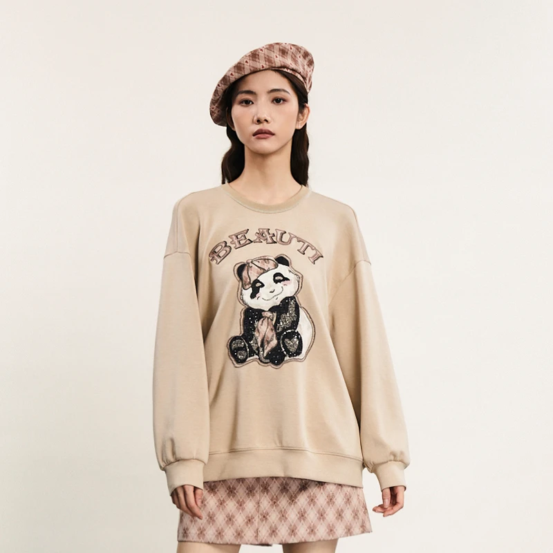 谜底中长款卫衣女春新款学院风大熊猫绣花圆领上衣241MV0074