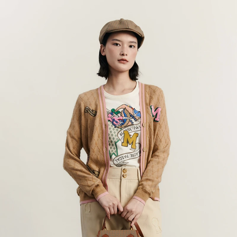 谜底针织开衫女冬季新品复古学院风V领刺绣宽松毛衣234MZ1873