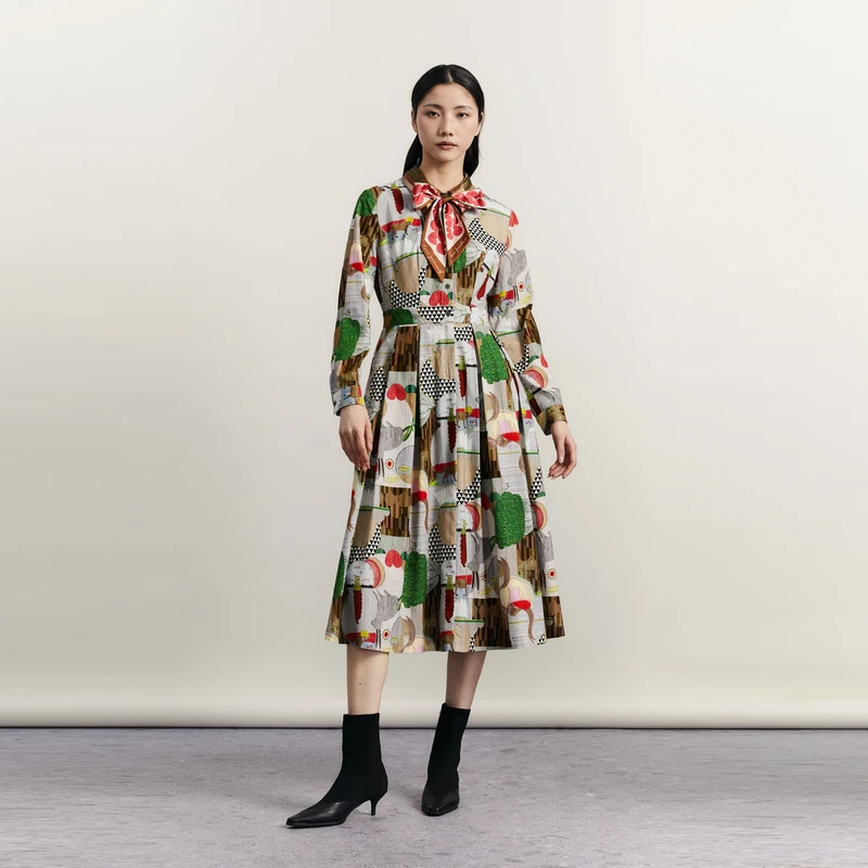 谜底花连衣裙长袖冬季新品复古文艺主题花色大摆裙234ML1565