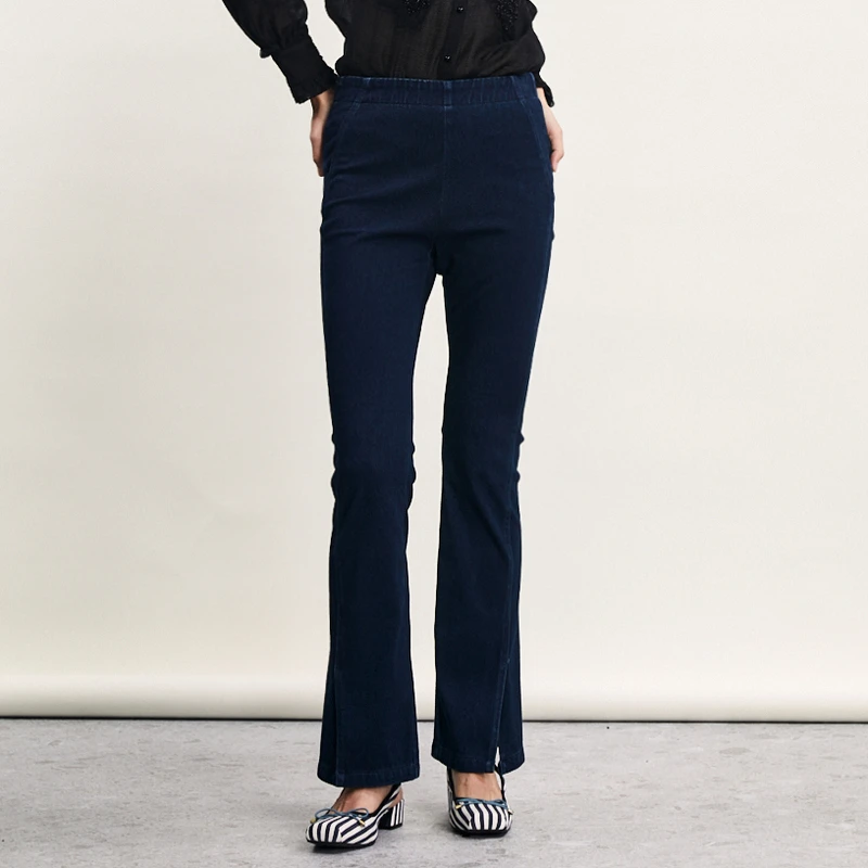 谜底紧身微喇长裤女2024春新款复古高腰百搭牛仔喇叭裤241MK0005