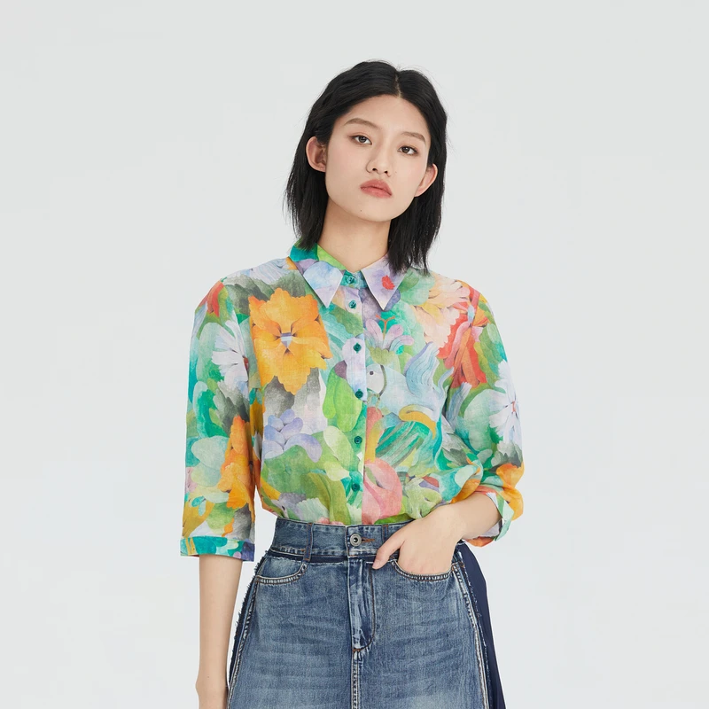 谜底花衬衫女分袖2023夏季新款棉透气花朵印花上衣衬衣236MC7091