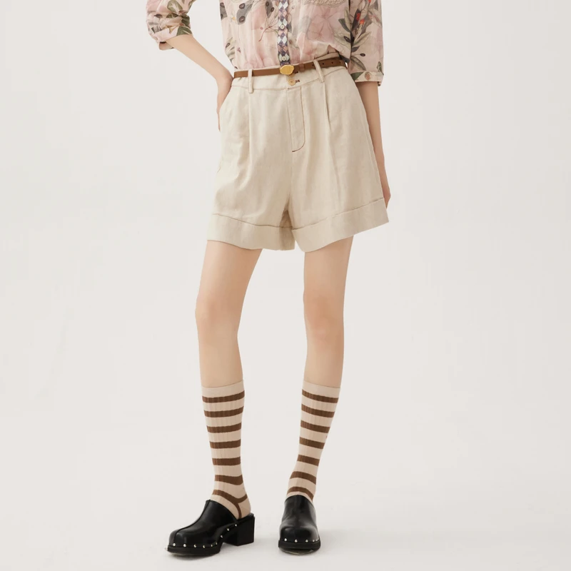 谜底休闲短裤女秋新品通勤风百搭棉麻亲肤透气裤子243MK1077