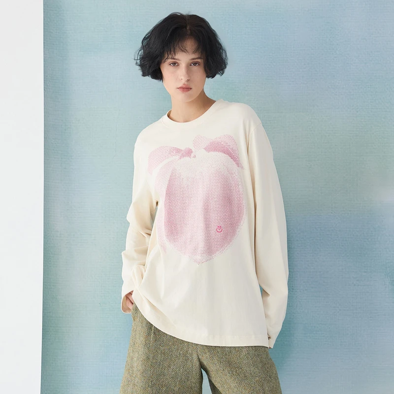 谜底圆领T恤2025春季新品宽松T恤长袖主题印花百搭上衣251MT0003