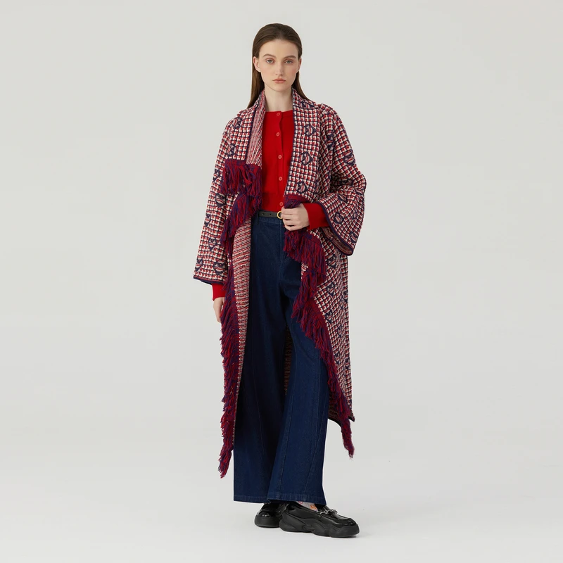 谜底长款针织开衫女2023冬新品复古气质提花斗篷式毛衫234MZ1994