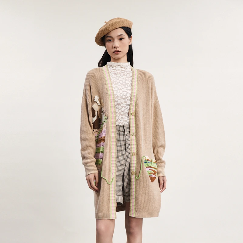 谜底针织开衫女春款复古文艺绣花单排扣中长款毛衫241MZ0323