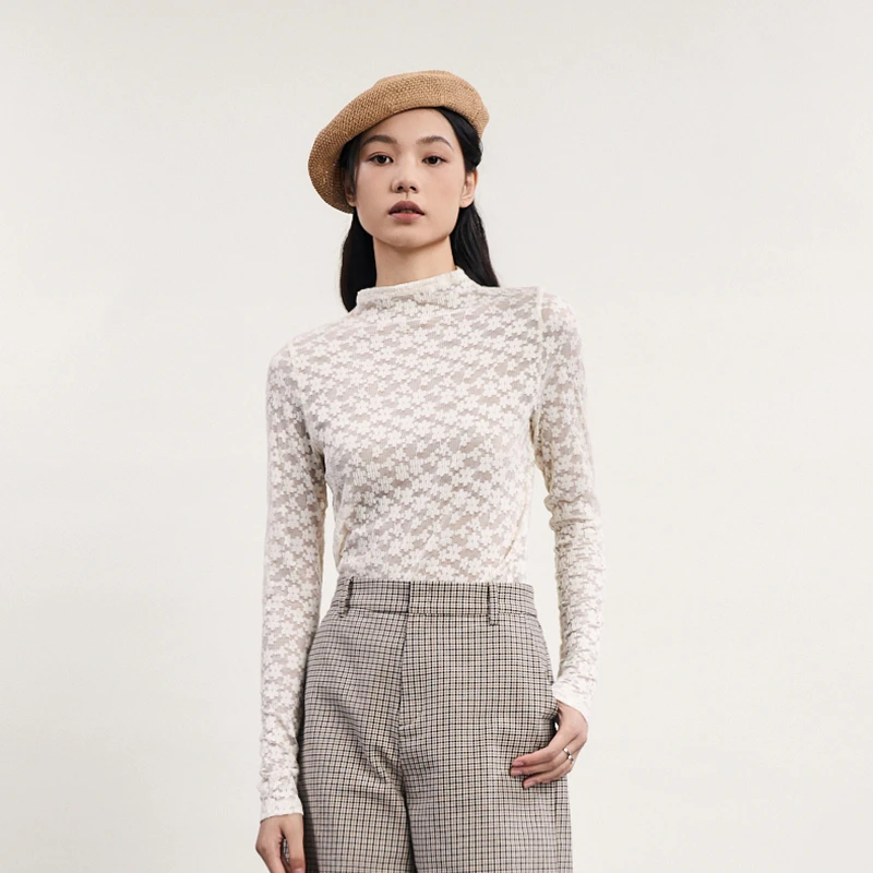 谜底修身T恤长袖女2024春新款时尚气质提花透视叠穿上衣241MT0052