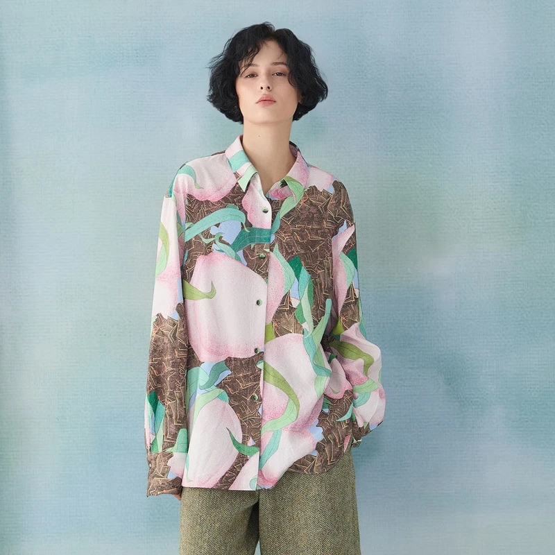 谜底宽松衬衣长袖女2025春季新品主题蟠桃系列印花衬衫251MC0008