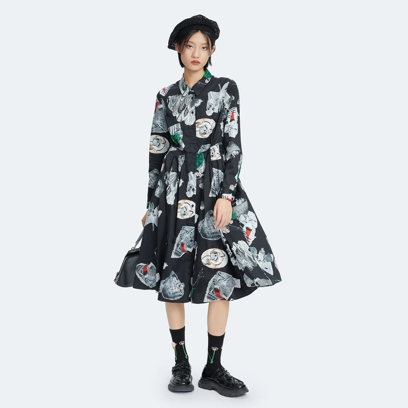 MIIDII谜底复古不规则印花收腰印花连衣裙长袖227ML6125