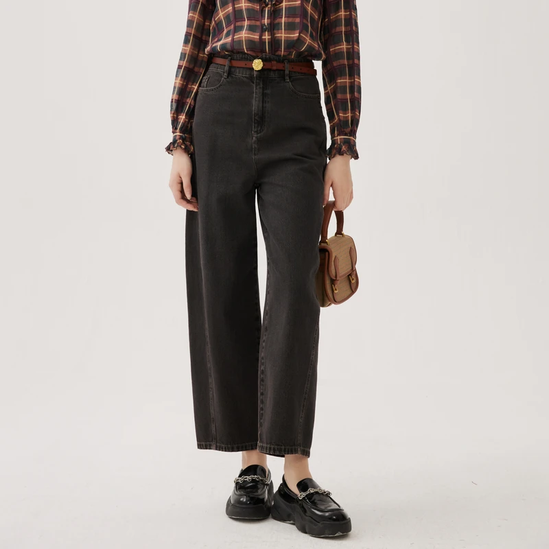 谜底萝卜裤女秋新品复古休闲风高腰分割廓形牛仔裤243MK1048