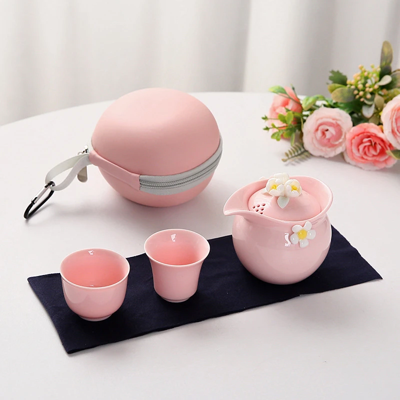 清新粉色手工陶瓷女士便携快客露营户外便携式泡茶套装旅行茶具