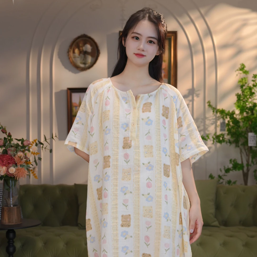 夏季女大码纯棉双层纱睡裙可外出加肥薄款孕妈妈哺乳期家居中长裙